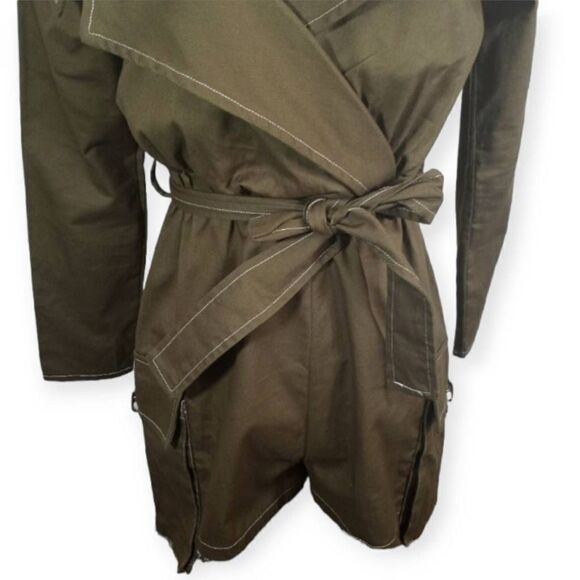 PRETTYLITTLETHING KHAKI/ARMY GREEN UTILITY TIE WAIST BARDOT ROMPER SZ.4 NWT. - Picture 6 of 11